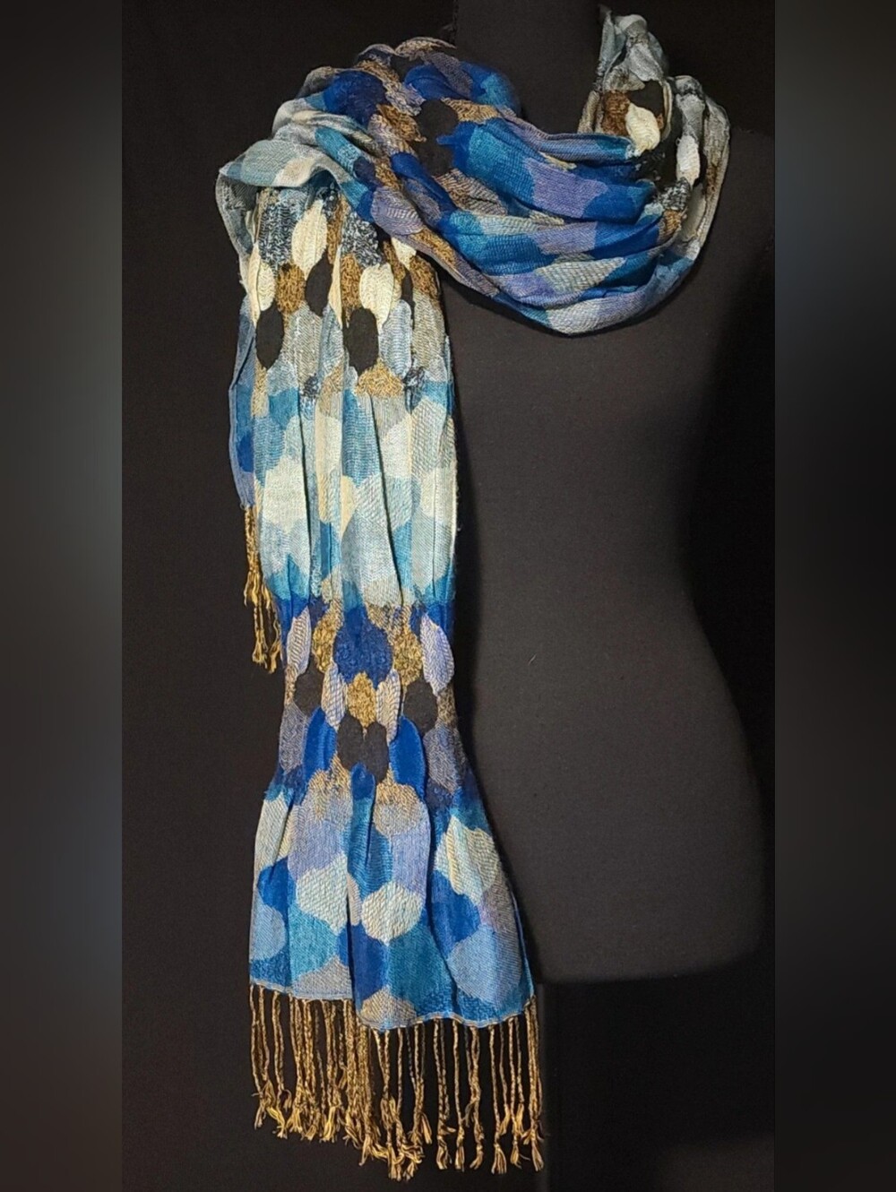 "Parkhurst 100% Cotton Knit Scarf, Blue and Gold Geometric Honeycomb Pattern